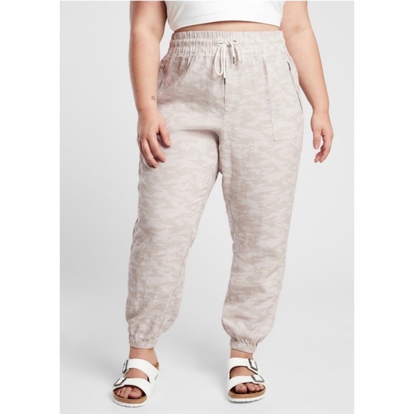 Athleta Pants - Athleta Cabo Tide Linen Jogger Pants Womens Size 16T Tall Beige Camo Drawstring